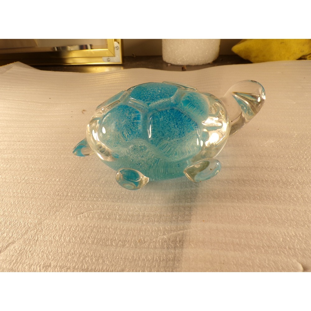 Blue Art Glass Sea Turtle Figurine Hand Blown Coastal Paperweight 4 Inch